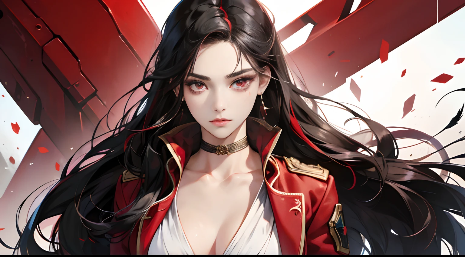 Heroic proportions,, realistic body structure,、18yo woman、Long hair with red highlights on black hair、sharp eye、Red Eyes、Strong gaze、Staring at me、Red jacket with intricate décor、Close-up of half face