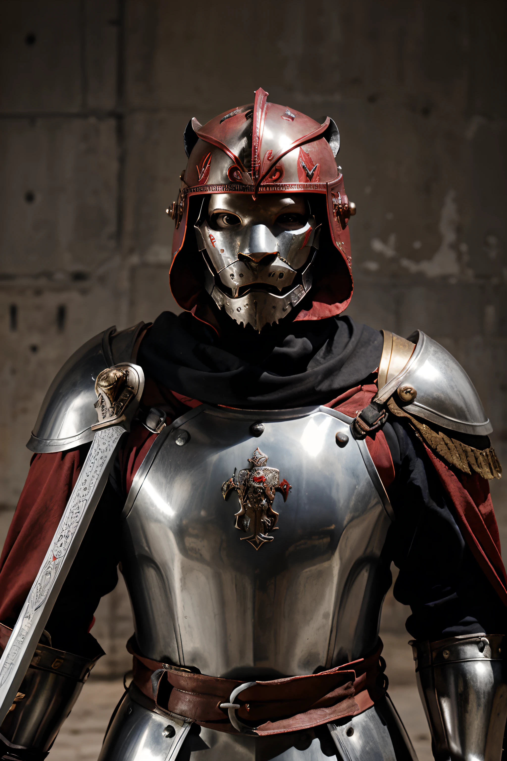 A medieval knight in full metal armor, with a red cloak on his back and metallic decorations in the shape of a lion's face on his helmet. He is holding a sword arwork rpg