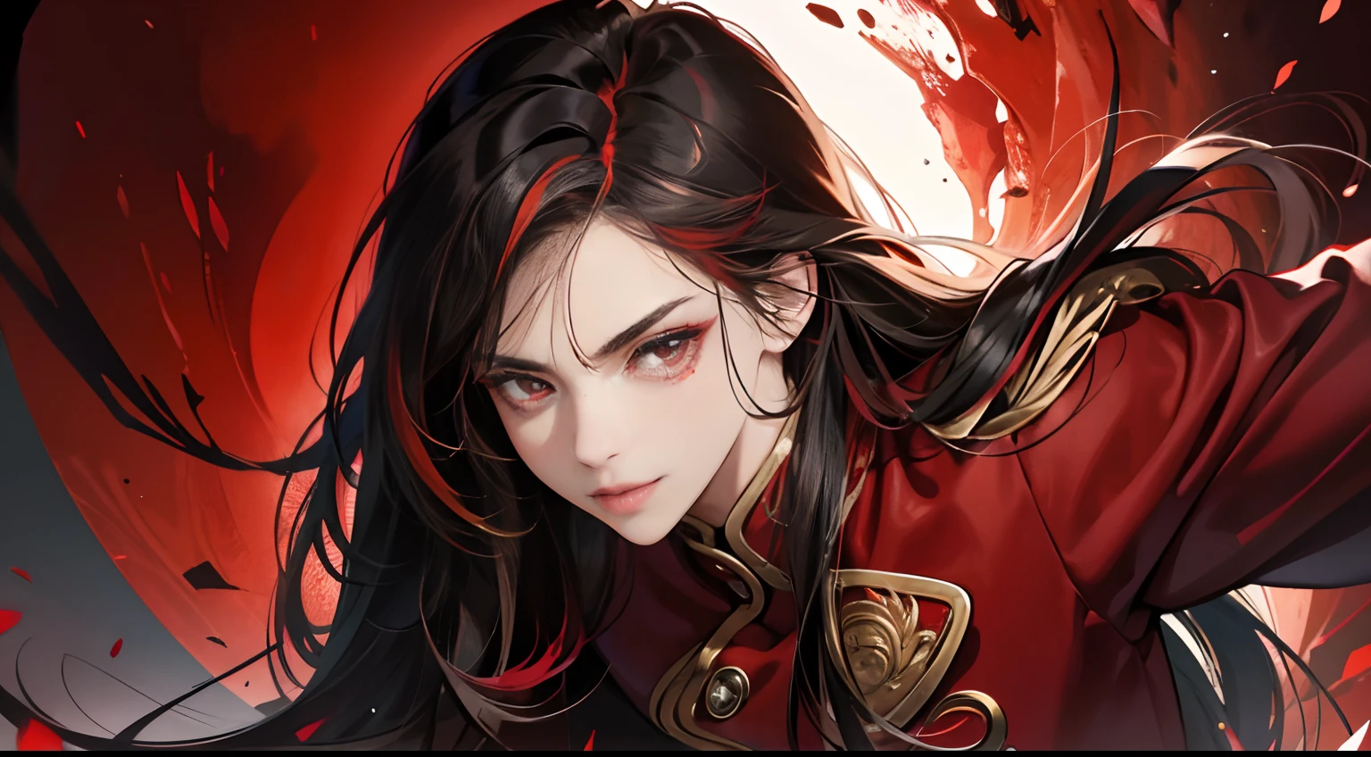 Heroic proportions,, realistic body structure,、18yo woman、Long hair with red highlights on black hair、sharp eye、Red Eyes、Strong gaze、Staring at me、Red jacket with intricate décor、Close-up of half face