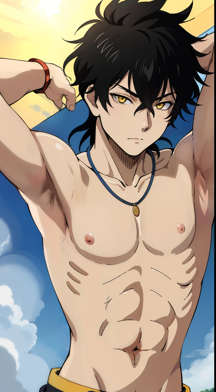 masterpiece, best quality, high quality, anime style, 1boy, boy, solo, male focus, cute face, adorable, looking at viewer, upper body, (slim body), yuno, necklace, (shirtless, topless, bare chest), black hair, yellow eyes, hair between eyes, (armpit, showing his armpit:1.4)