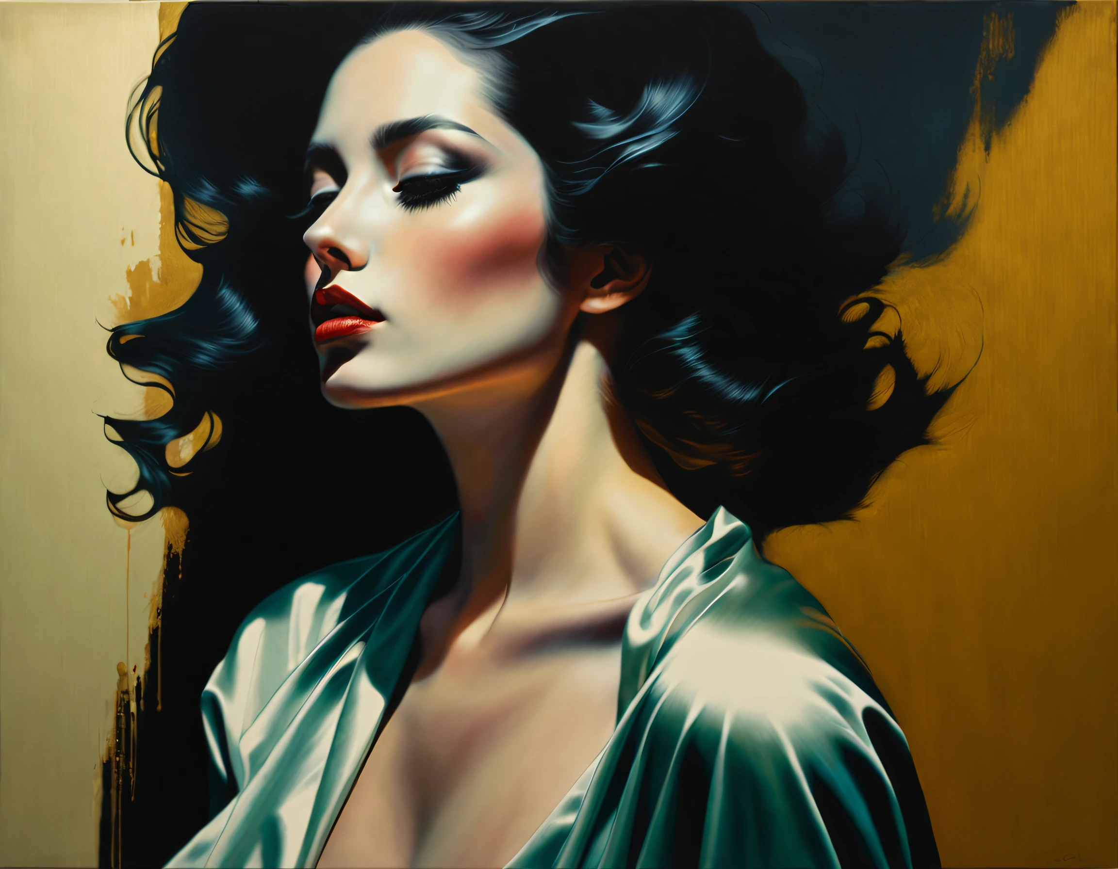 Dramatic Lighting, Chiaroscuro, Evocative Depth, chiaroscuro technique on sensual illustration of an elegant 1980s woman, vintage beauty, eerie, the model draped in flowing, thick oil painting, by Hannah Dale, by Harumi Hironaka, extremely soft colors, vibrant, highly detailed, malcolm liepke painting, oil on canvas,  high contrast, dramatic, refined, tonal, Create high contrast between light and shadow