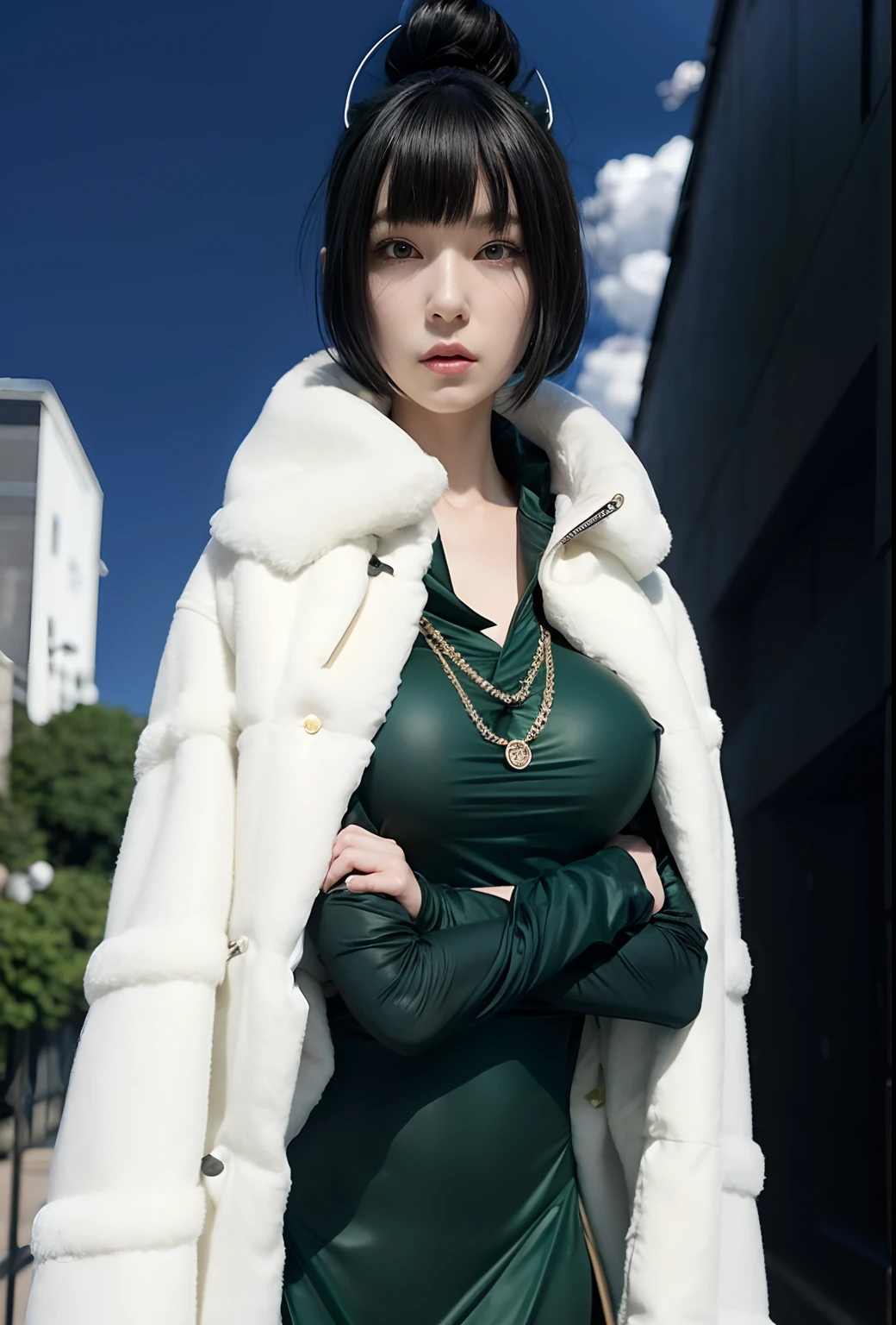 anime girl in a green dress and white fur coat, tatsumaki from one punch man, fubuki, tatsumaki, female anime character, jormungand anime, shuushuu anime image, akane owari danganronpa, female action anime girl, anime character, sui ishida with black hair, mai yoneyama