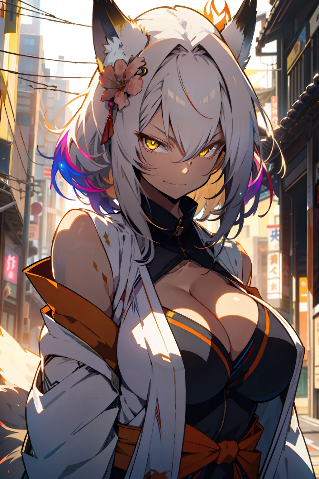 fox girl, white hair, yellow eyes, skimpy kimono, tan skin, (best quality, masterpiece, colorful, dynamic angle, highest detailed), ((mature woman, hair ornament, exposed cleavage, looking at viewer, smug face, glow eyes