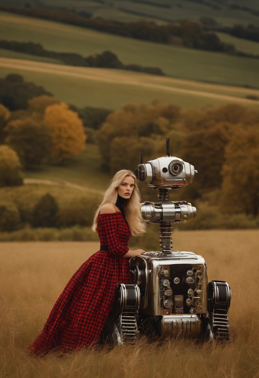 There's a woman next to a robot in a field, Vogue Italy, Tartan Clothing, Classic animation, Scott Robertson, dois modelos no quadro, fotografia vitoriana, duas mulheres, guerreiro ciborgue