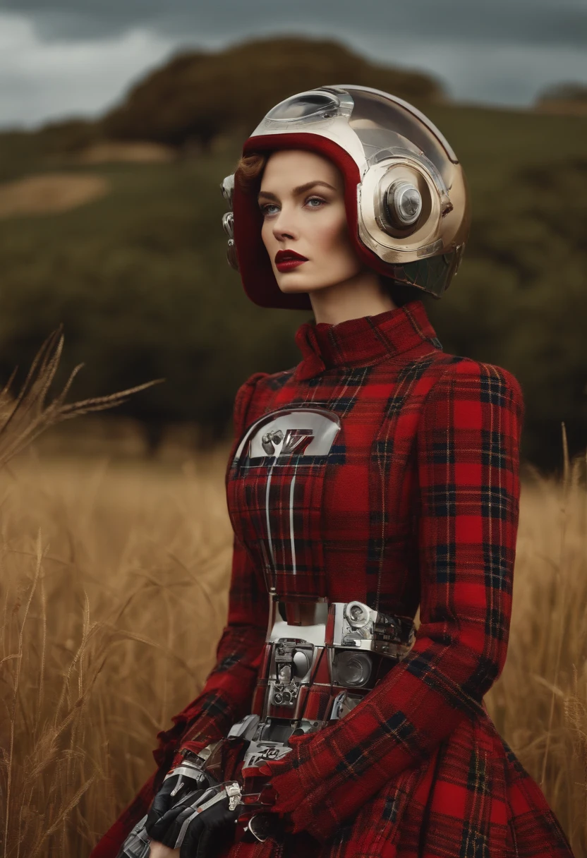 There's a woman next to a robot in a field, Vogue Italy, Tartan Clothing, Classic animation, Scott Robertson, dois modelos no quadro, fotografia vitoriana, duas mulheres, guerreiro ciborgue