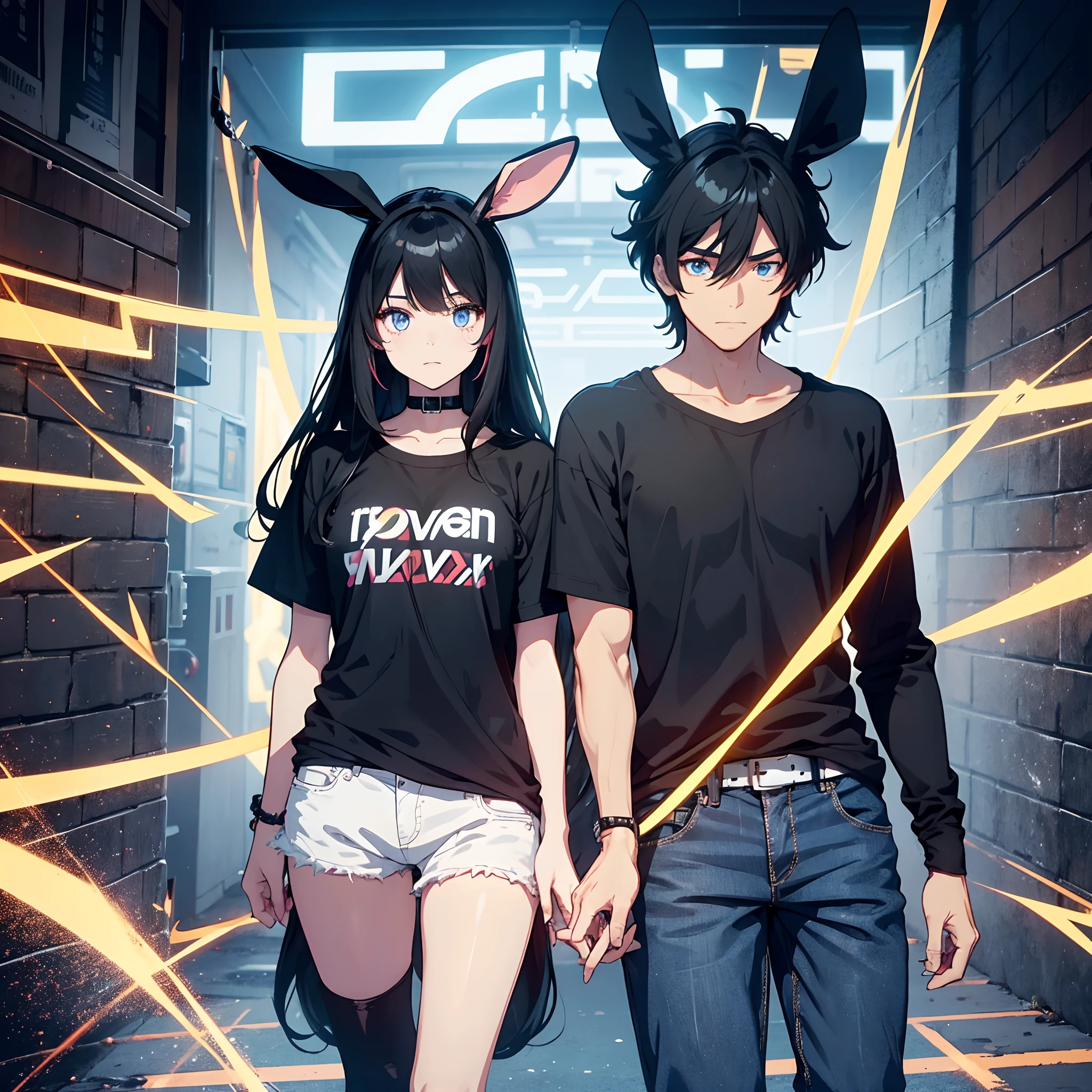 In this image there are two people, one will be a girl with long black hair with bangs, wearing a very colorful female band outfit, black pants, on her face she will be wearing a rabbit mask, and by her side there will be a man. very tall and muscular with very light blue eyes, he will have white skin color, and wearing a black t-shirt and jeans, and he will be wearing a fluorescent orange wig