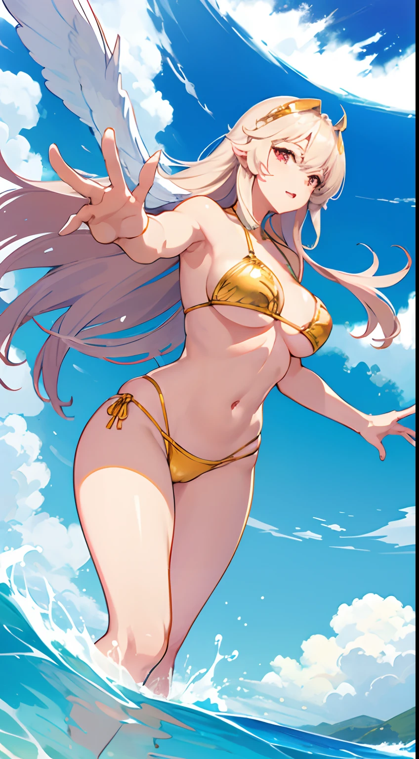 Bikini, beach scene, epic, flowing hair, detailwd illustration, yoneyama mai, top angle, dynamic pose, dynamic angle, foreshortening hand focus, perfect body, perfect hands, dynamic illustration, good composition, golden ratio composition, beautiful, perfect, perfect hands, good hands, ultra hands