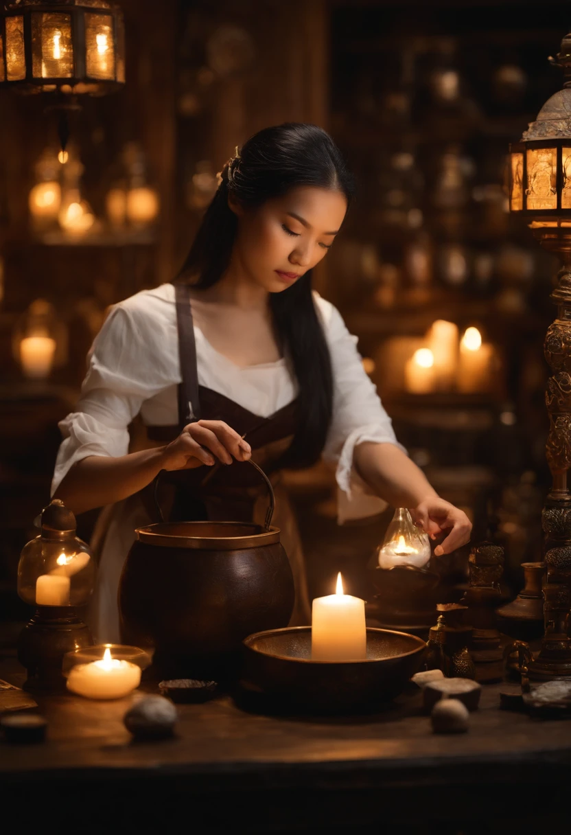 Da ist eine ((junge vietnamesische Frau)), die an einem Tisch mit Kerzen sitzt, She's in the Potions Workshop, asiatische Magierin mit schwarzen hochgesteckten Haaren, who summons a spell, Mittelalterlicher Alchemist im Dunkeln, Fantasy-Alchemisten-Labor, Eine arkane Zaubererin, die einen Zauber wirkt, Zauber auf einen Trank wirken, Er befindet sich in einem Alchemistenlabor, Alchemie-Labor, Zauberspruch-Assistent, Magisches Labor-Setting, young pretty vietnamese woman