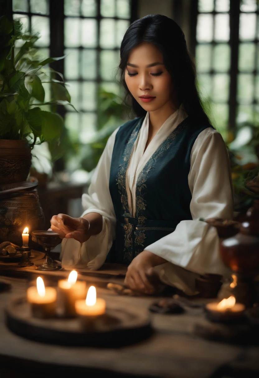 Da ist eine ((junge vietnamesische Frau)), die an einem Tisch mit Kerzen sitzt, She's in the Potions Workshop, asiatische Magierin mit schwarzen hochgesteckten Haaren, who summons a spell, Mittelalterlicher Alchemist im Dunkeln, Fantasy-Alchemisten-Labor, Eine arkane Zaubererin, die einen Zauber wirkt, Zauber auf einen Trank wirken, Er befindet sich in einem Alchemistenlabor, Alchemie-Labor, Zauberspruch-Assistent, Magisches Labor-Setting, young pretty vietnamese woman