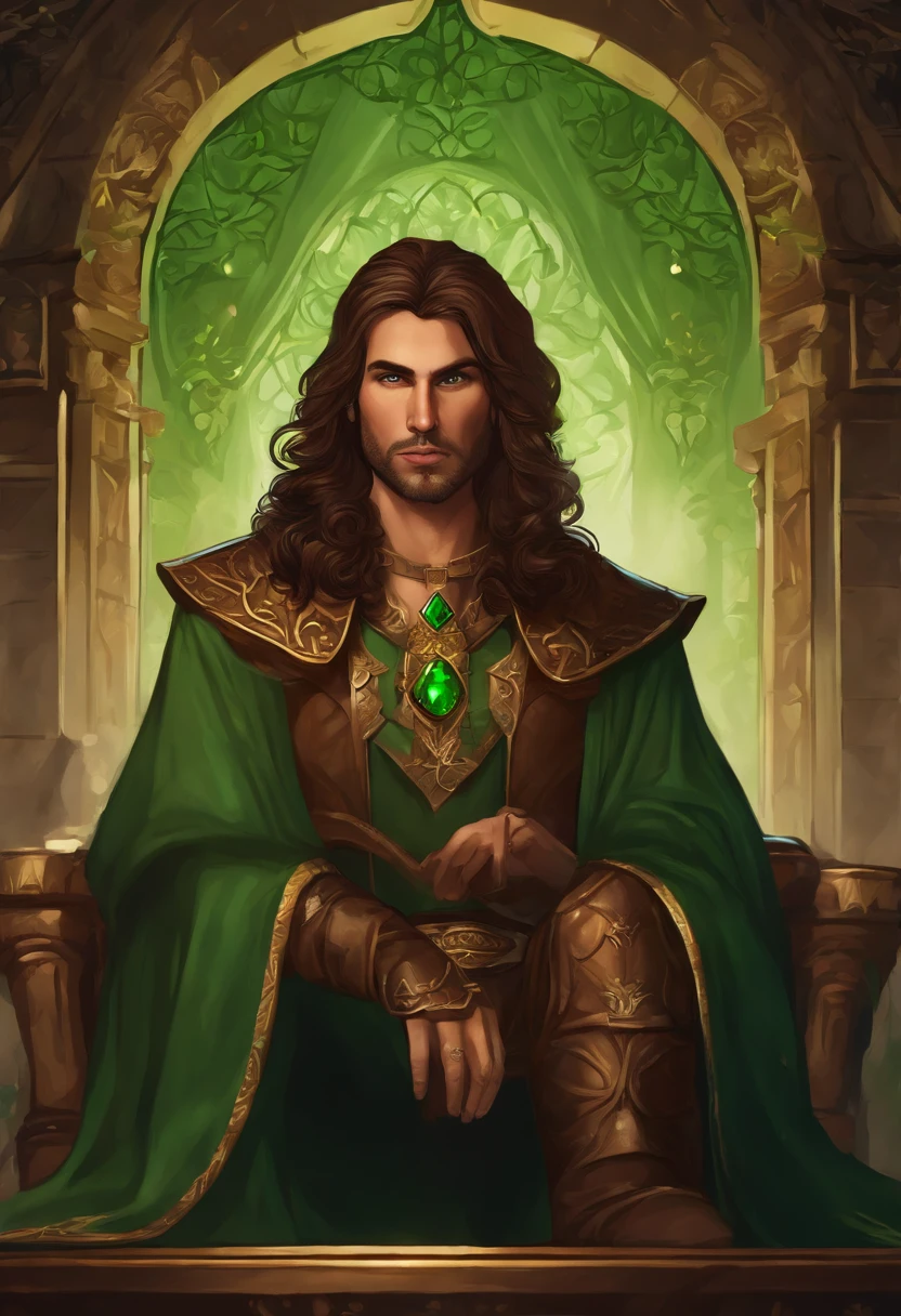 "Create an image of my 35-year-old King D&D character with green eyes, medium length brown hair. The character is sitting on a throne. Please provide a detailed illustration for our campaign."