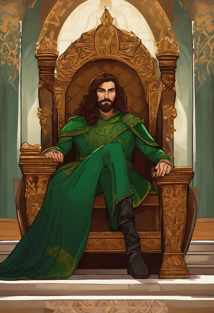 "Create an image of my 35-year-old King D&D character with green eyes, medium length brown hair. The character is sitting on a throne. Please provide a detailed illustration for our campaign."
