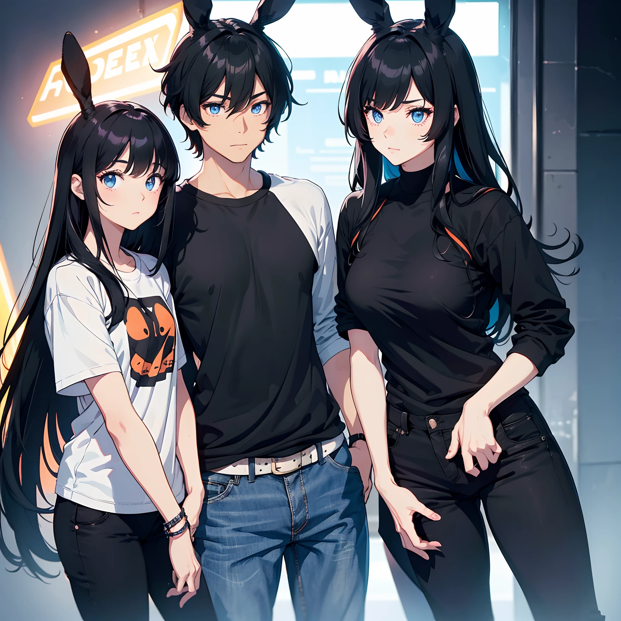 In this image there are two people, one will be a girl with long black hair with bangs, wearing a very colorful female band outfit, black pants, on her face she will be wearing a rabbit mask, and by her side there will be a man. very tall and muscular with very light blue eyes, he will have white skin color, and wearing a black t-shirt and jeans, and he will be wearing a fluorescent orange wig