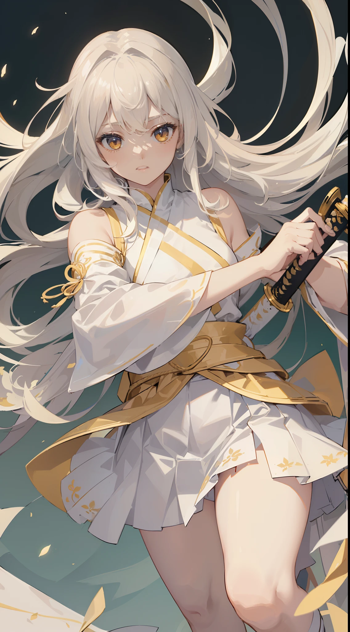 ((Best quality)), ((Masterpiece)), ((Ultra-detailed)), (illustration), (Detailed light), (An extremely delicate and beautiful), Dry yellow miko cloth,short skirt,White knee-length socks,((Holding a large katana in his hand)),Pull the knife,(wavy white long hair),White color fluffy hair,cropped shoulders