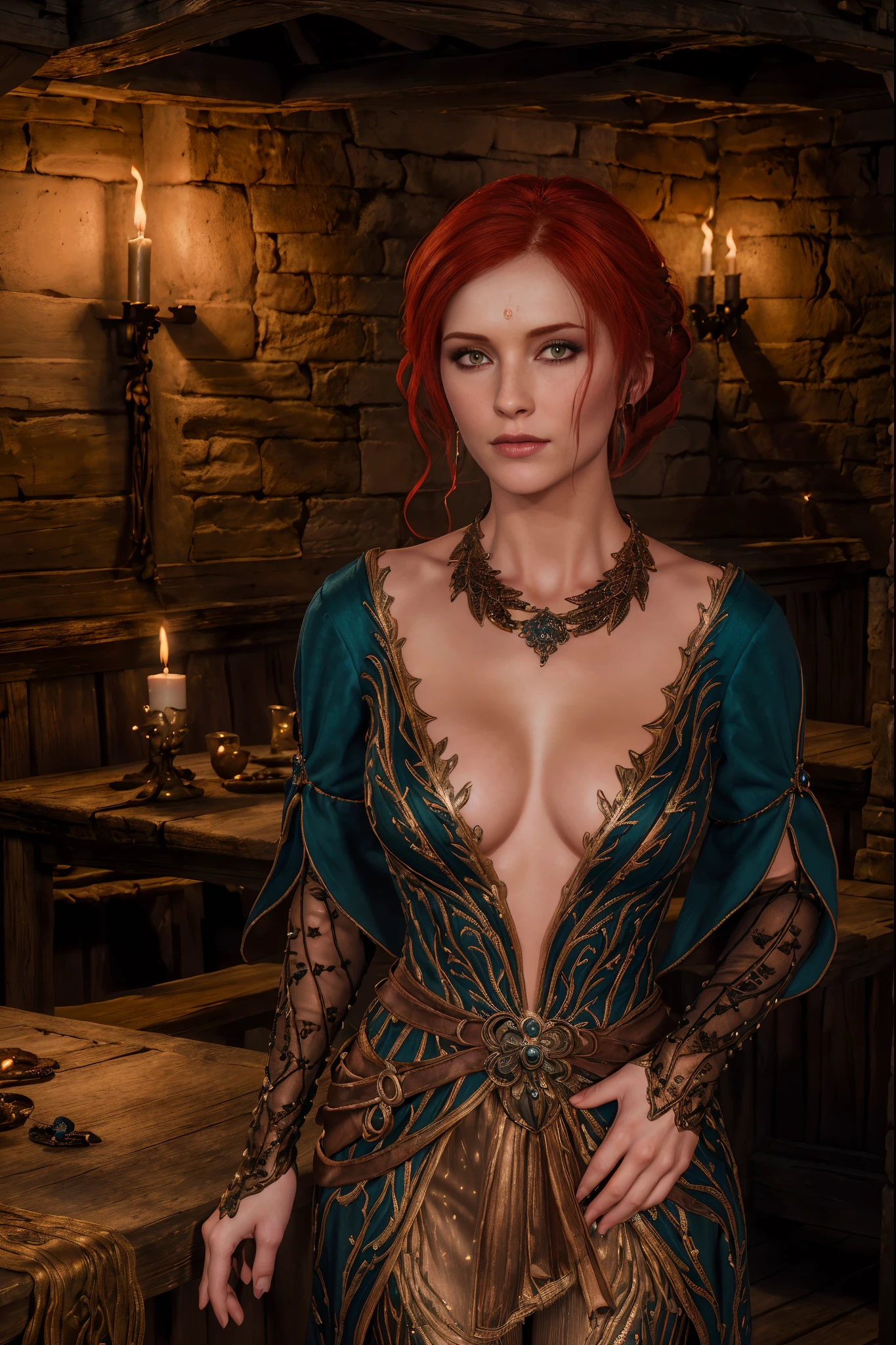 Masterpiece, Triss Merigold, high detail plunging witch dress, intricately detailed background, (UHD, 8K wallpaper, High resolution), Cinematic lighting, award-winning, extremely detailed skin, extra detailed face, high detail eyes, photo-realistic, Zeiss 85 mm F/1.4, by Ellen von Unwerth