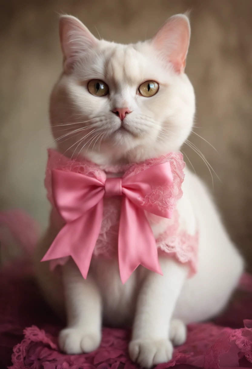 Cute fat cat wearing pink lace shirt and a bow