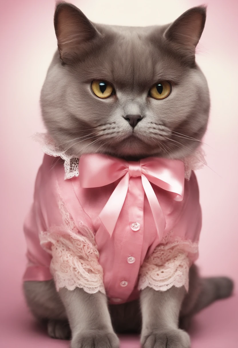Cute fat cat wearing pink lace shirt and a bow
