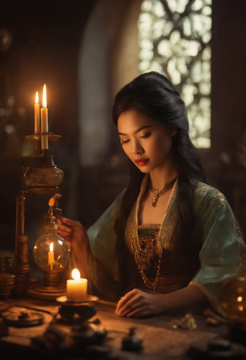 Da ist eine ((junge vietnamesische Frau)), die an einem Tisch mit Kerzen sitzt, She's in the Potions Workshop, asiatische Magierin mit schwarzen hochgesteckten Haaren, who summons a spell, Mittelalterlicher Alchemist im Dunkeln, Fantasy-Alchemisten-Labor, Eine arkane Zaubererin, die einen Zauber wirkt, Zauber auf einen Trank wirken, Er befindet sich in einem Alchemistenlabor, Alchemie-Labor, Zauberspruch-Assistent, Magisches Labor-Setting, young pretty vietnamese woman in a Alchemist Laboratory