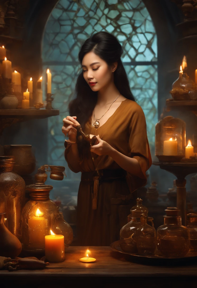 Da ist eine ((junge vietnamesische Frau)), die an einem Tisch mit Kerzen sitzt, She's in the Potions Workshop, asiatische Magierin mit schwarzen hochgesteckten Haaren, who summons a spell, Mittelalterlicher Alchemist im Dunkeln, Fantasy-Alchemisten-Labor, Eine arkane Zaubererin, die einen Zauber wirkt, Zauber auf einen Trank wirken, Er befindet sich in einem Alchemistenlabor, Alchemie-Labor, Zauberspruch-Assistent, Magisches Labor-Setting, young pretty vietnamese woman in a Alchemist Laboratory