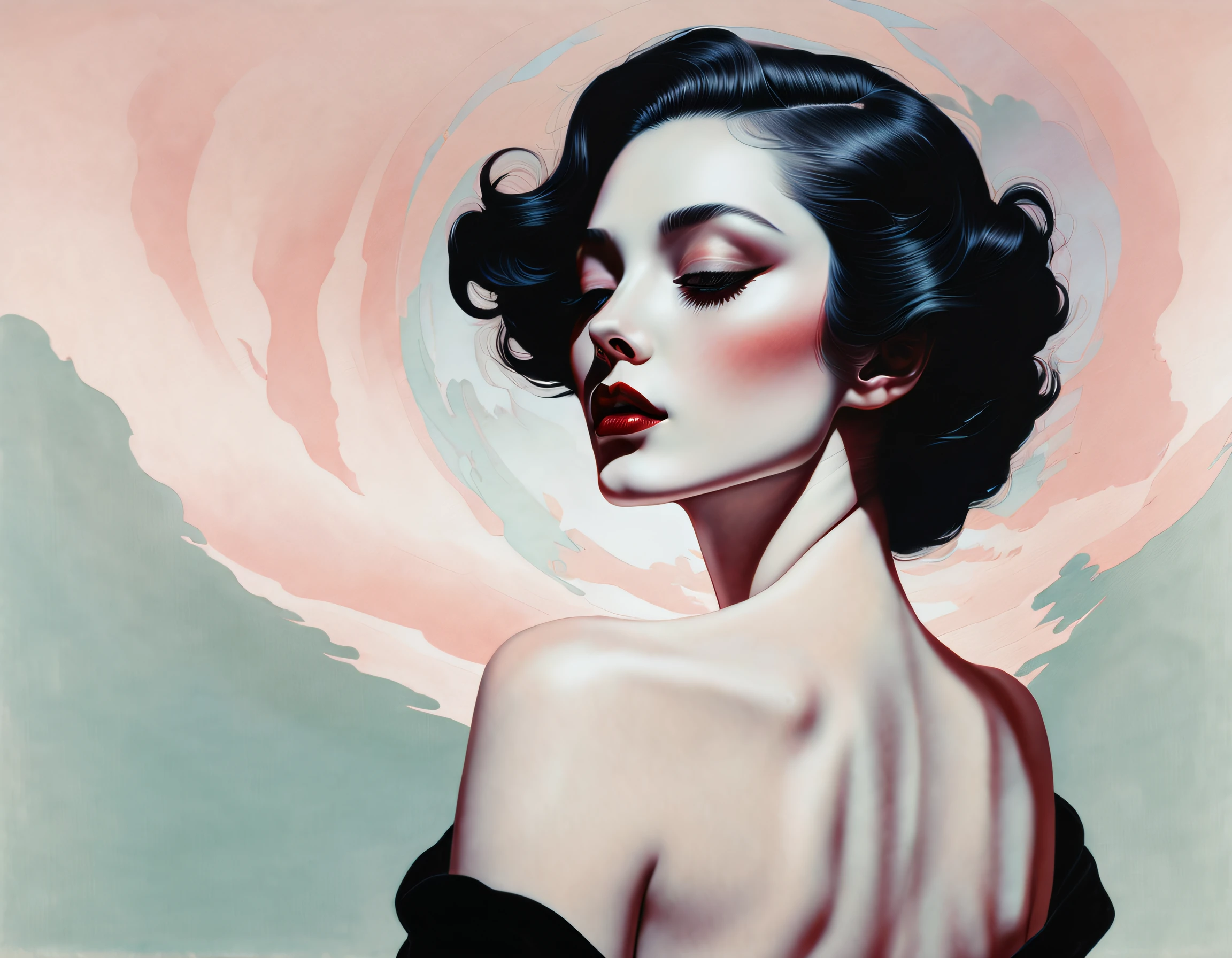 chiaroscuro technique on sensual illustration of an elegant woman, vintage , eerie, matte painting, by Hannah Dale, by Harumi Hironaka, extremely soft colors, vibrant, highly detailed, digital artwork, high contrast, dramatic, refined, tonal,