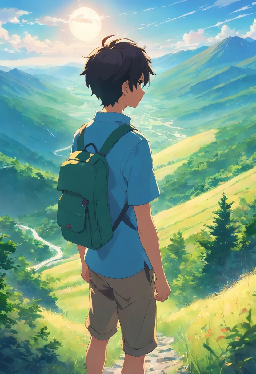 Boy with his back to the camera in the mountains
