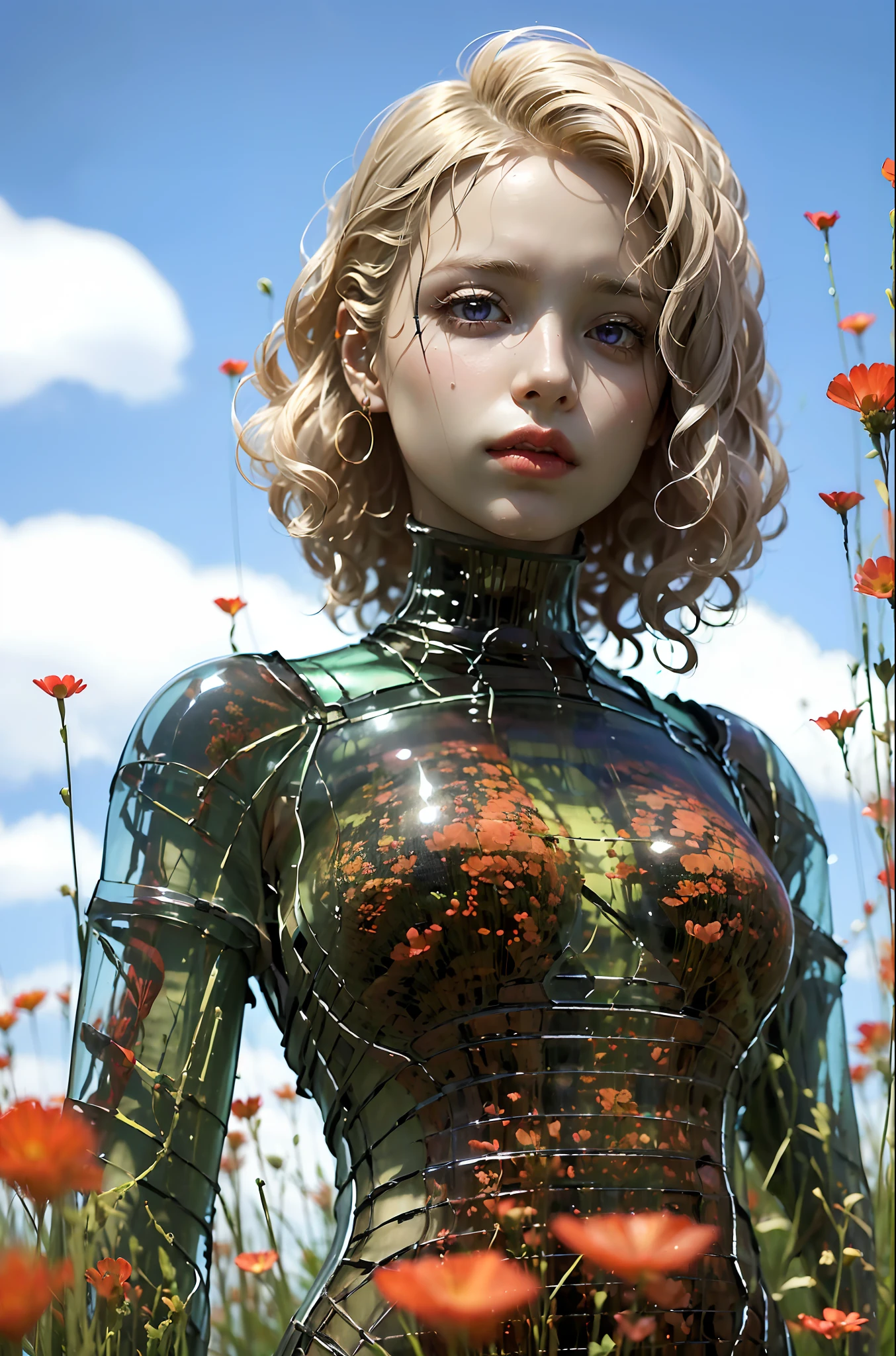 (1girl:1.5), (purple eyes: 1.5), looking at the audience, realistic, short hair, short hair blown by wind, solo, flowers, sky, sky, outdoor, short hair, (Realistic white hair), science fiction, blur, grass, realism, clouds, blue sky, chest, (large breasts: 1.2), lips, transparent, transparent, transparent,