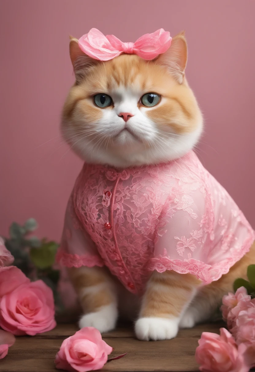 Cute fat cat wearing pink lace shirt that says YARI