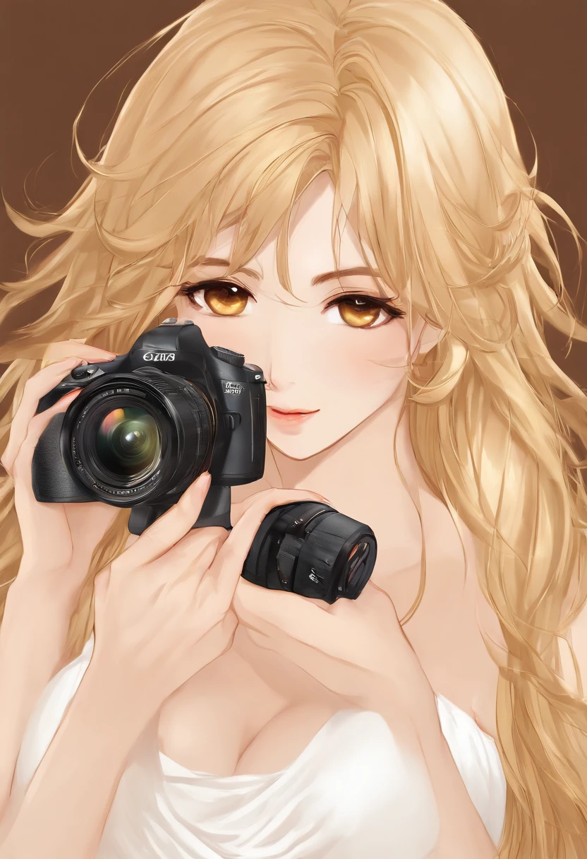 masterpiece, best quality,facing viewer, upper body,middle age female,Greek goddess's demeanor, melon seed face, ((slender eyes)), mole under eye,brown eyeballs, thin lips, blonde hair, very long hair, closed mouth and smile,40 year old, self-portrait, Simple background,white dress, camera lense, cameraman logo