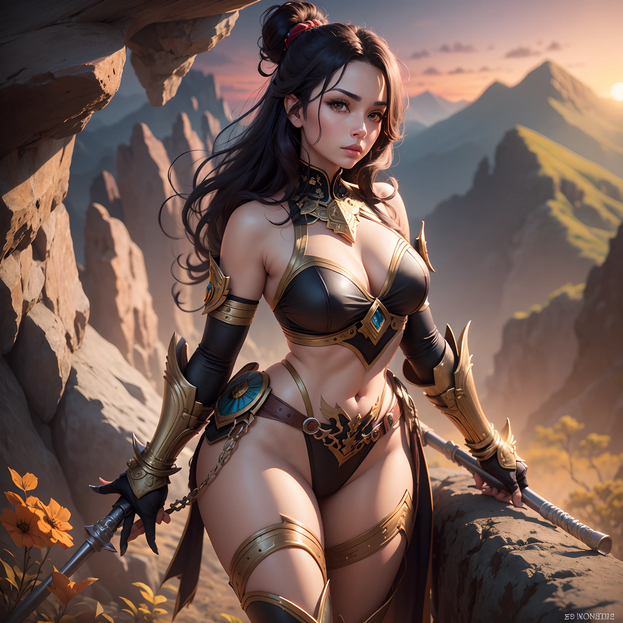 A beautiful, curvy Beninese Amazon, wielding combat gauntlets, on a cliff overlooking a lush valley, with a spectacular sunset in the background. Cinematic style --auto --s2