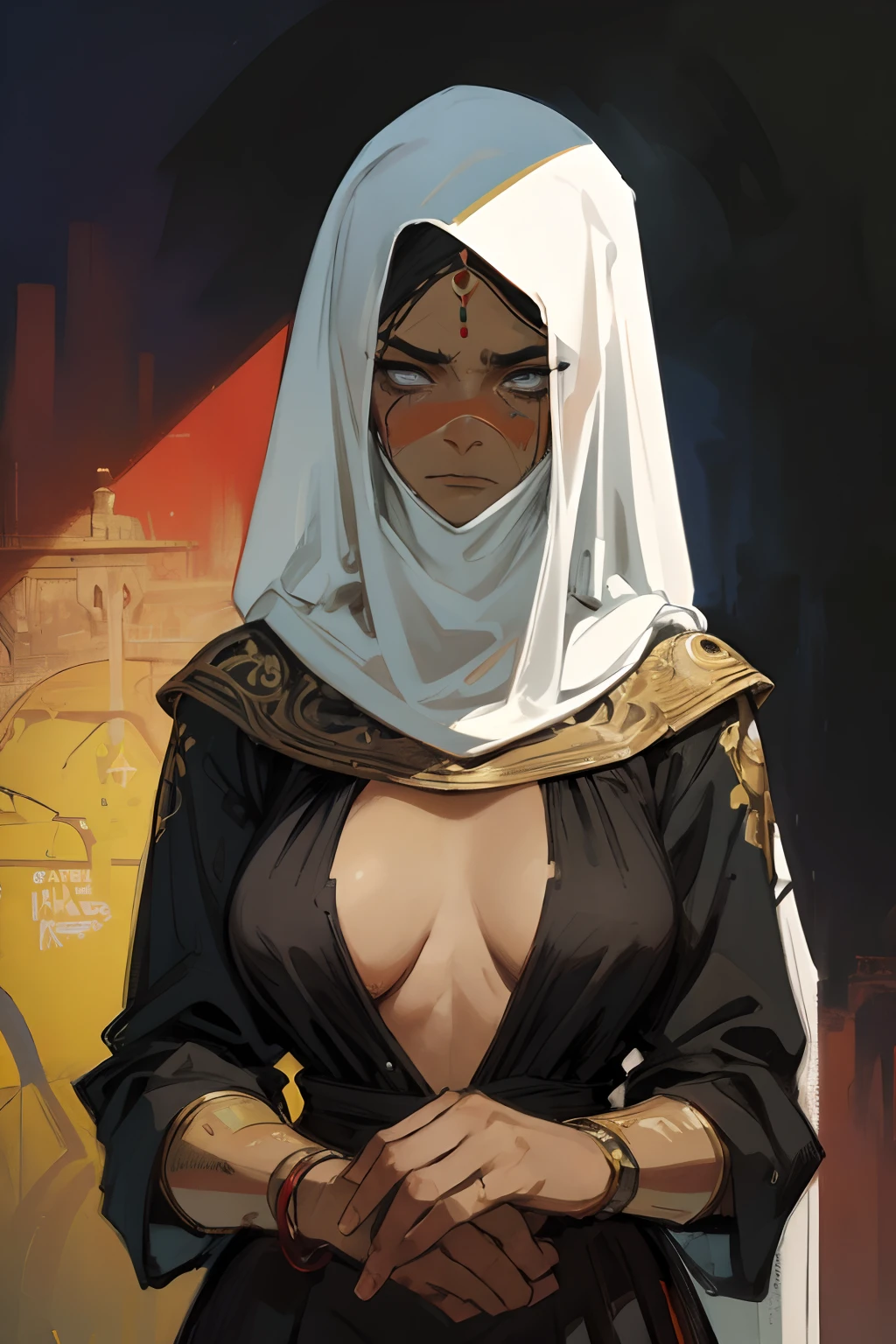 1woman, muslim, tan, in gown, lower half of face covered, prominent eyebrows, beautiful eyes, (modestly) dressed, fully covered by dress, religious, combat dressed, serious expression, accurate anatomy, accurate lines, accurate hands, best quality, (masterpiece), covered hair, devoid of cleavage, adorned in jewelry, 
(digital painting by Andre Kohn and Jean-Michel Basquiat)