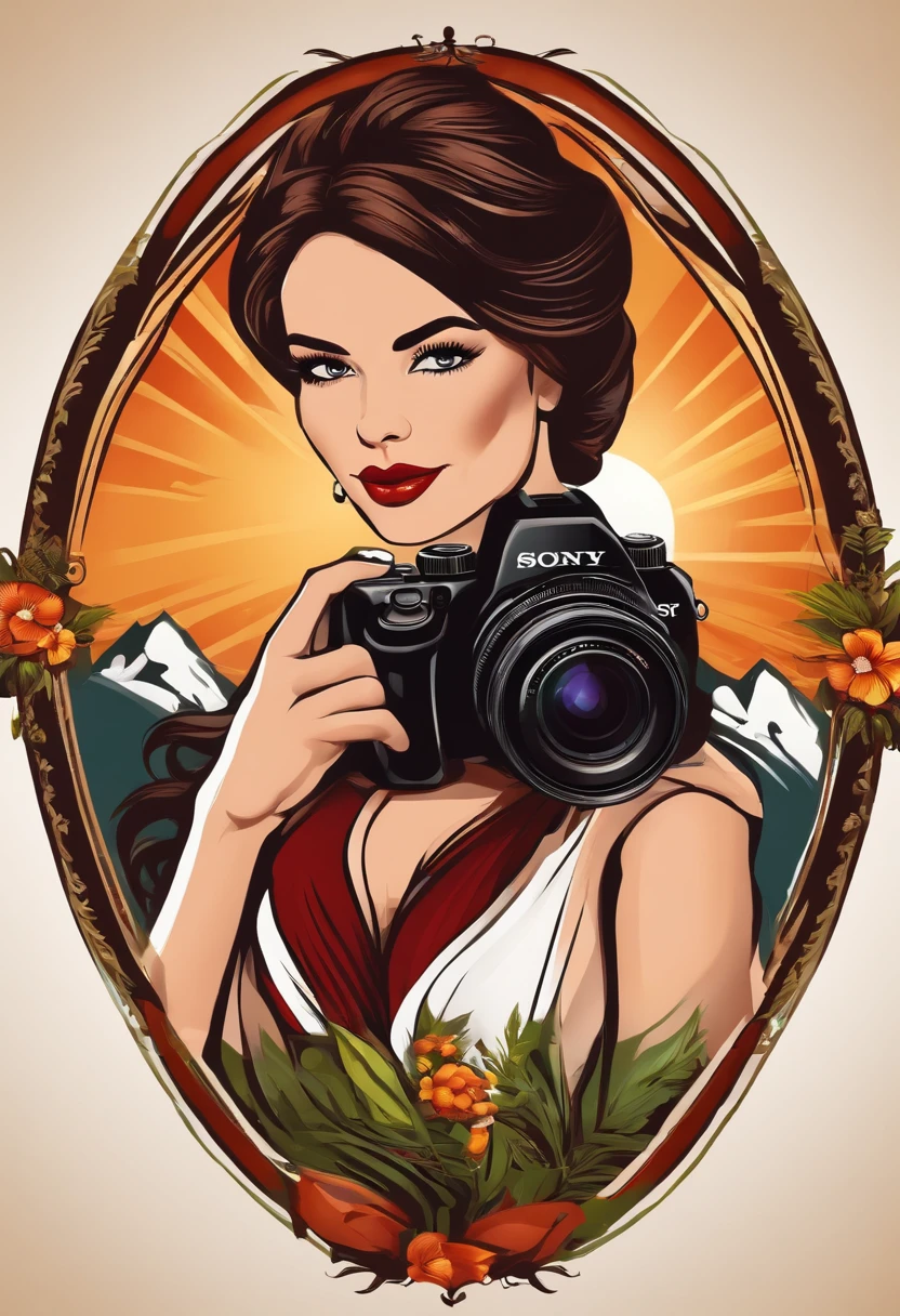 Logo for photographer, Sony a7 camera, banner, beautiful lady background