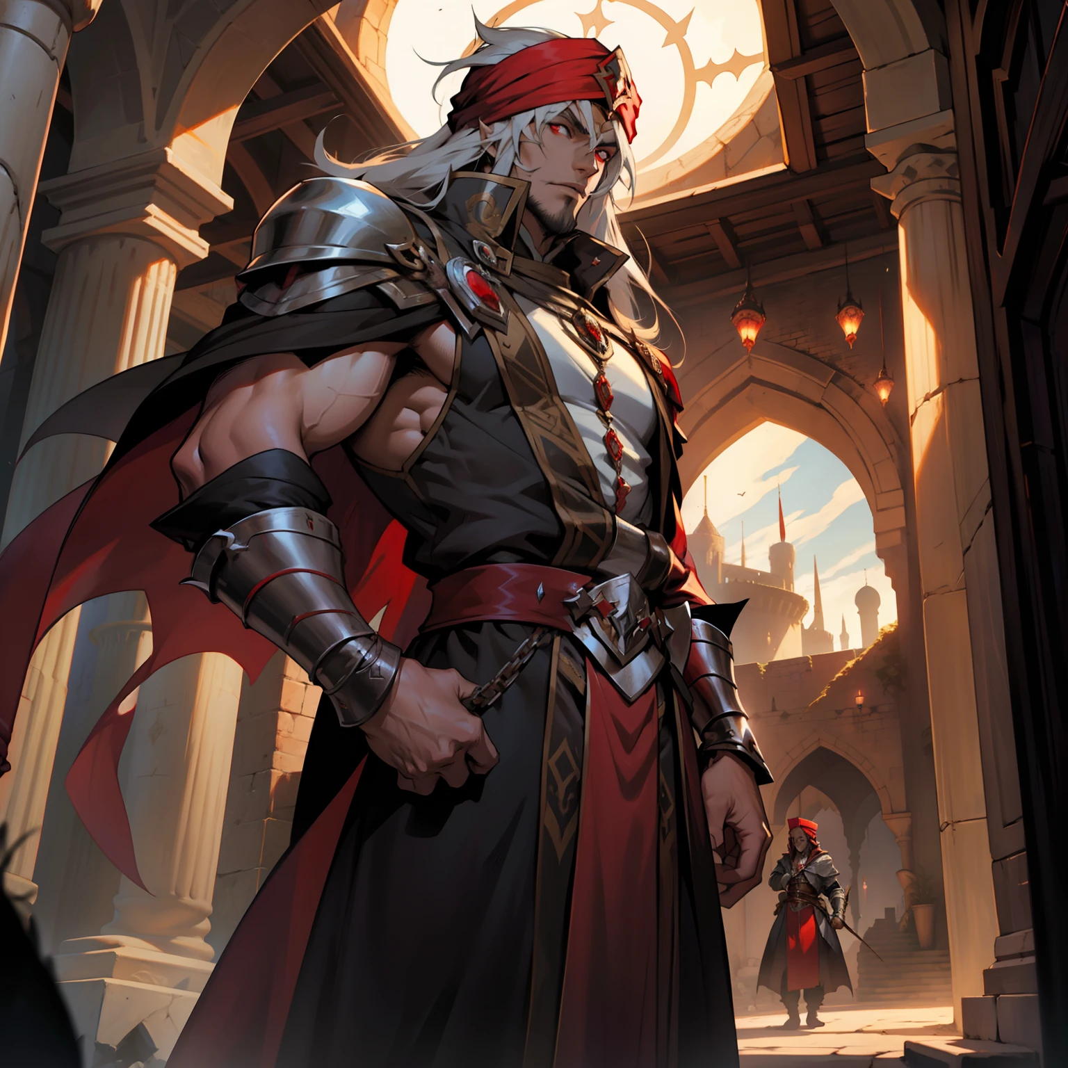 Castlevania lord of the shadows Moroccan lord Dracula with red turban Handsome muscular warrior Long Hair White Red Eyes Medieval Crystal with his scary Demons