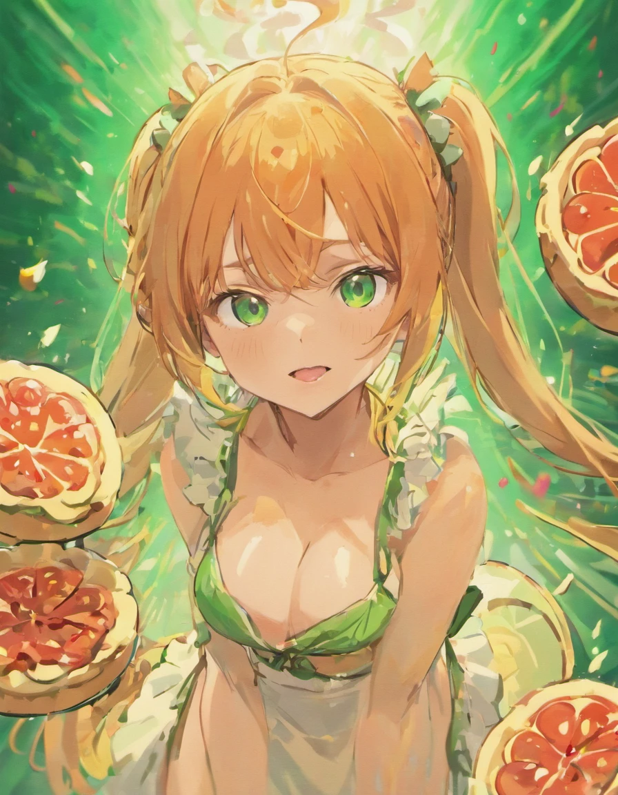 Monika, food, eyes green, ponitails, boobs