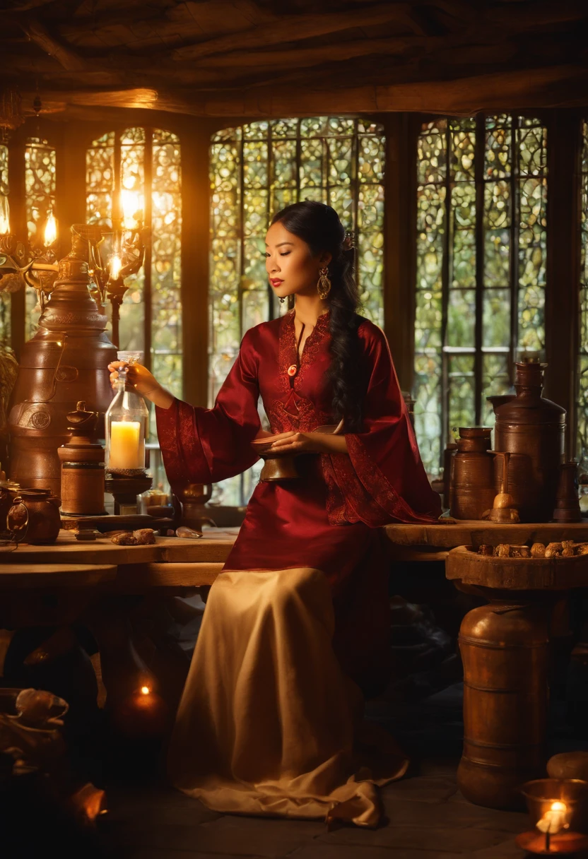 Da ist eine ((junge vietnamesische Frau)), die an einem Tisch mit Kerzen sitzt, She's in the Potions Workshop, asiatische Magierin mit schwarzen hochgesteckten Haaren, who summons a spell, Mittelalterlicher Alchemist im Dunkeln, Fantasy-Alchemisten-Labor, Eine arkane Zaubererin, die einen Zauber wirkt, Zauber auf einen Trank wirken, Er befindet sich in einem Alchemistenlabor, Alchemie-Labor, Zauberspruch-Assistent, Magisches Labor-Setting, young pretty vietnamese woman in a Alchemist Laboratory, mittelalterliche Kleidung