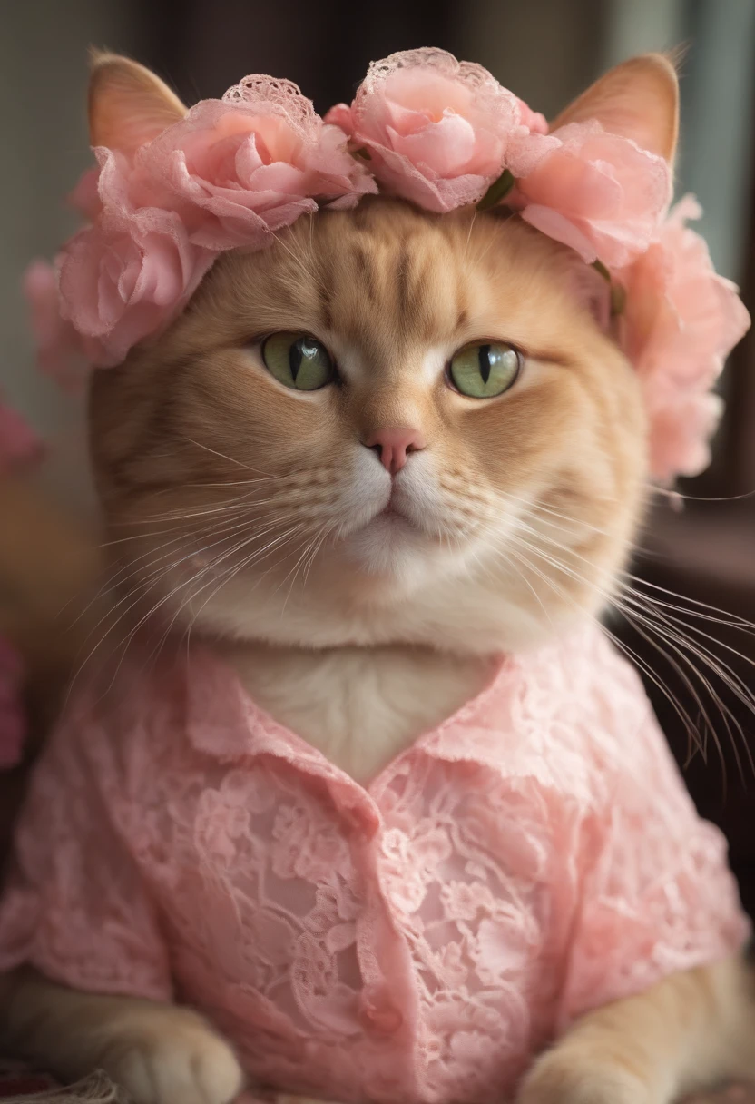 Cute fat cat wearing pink lace shirt that says lexy