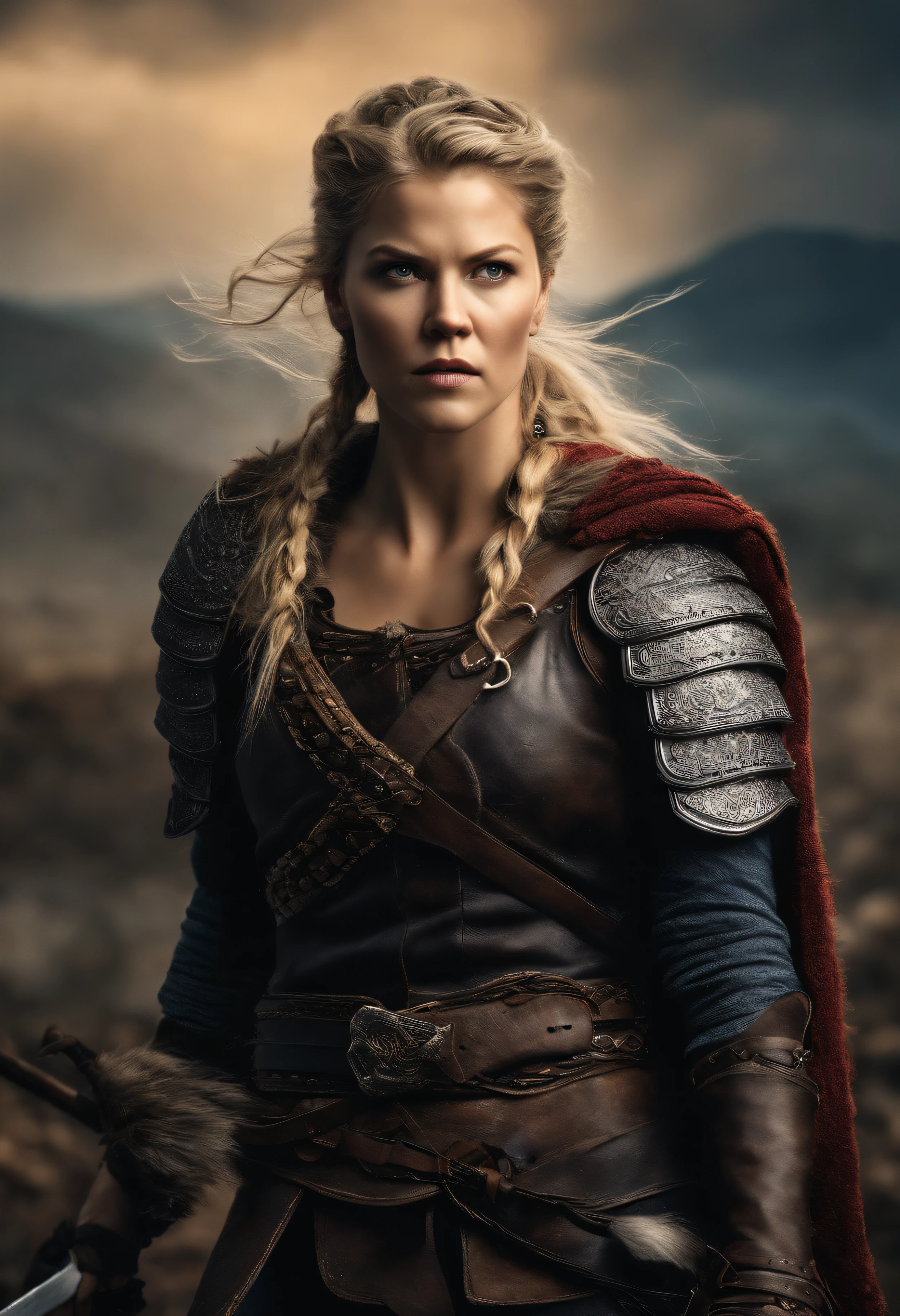 A stunning, photorealistic full body portrait Create an image depicting Lagertha in the midst of a fierce battle, showcasing her incredible prowess and fearlessness as a warrior. Arte do papel de parede, Papel de parede UHD