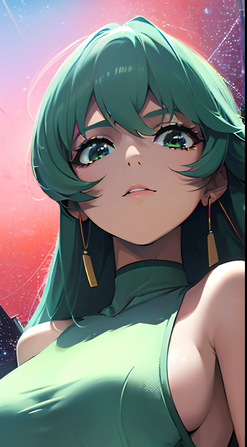 (best quality,4k,highres:1.2),ultra-detailed,(realistic:1.37),(90's anime series:1.1),(dark sci-fi:1.1),(utopia:1.1),(city:1.1),(women with dark-white hair:1.1),(women with green eyes:1.1),(sexy sci-fi outfit:1.1),dynamic,bokeh,lights,anime, sexy, half-naked, noise vhs filter