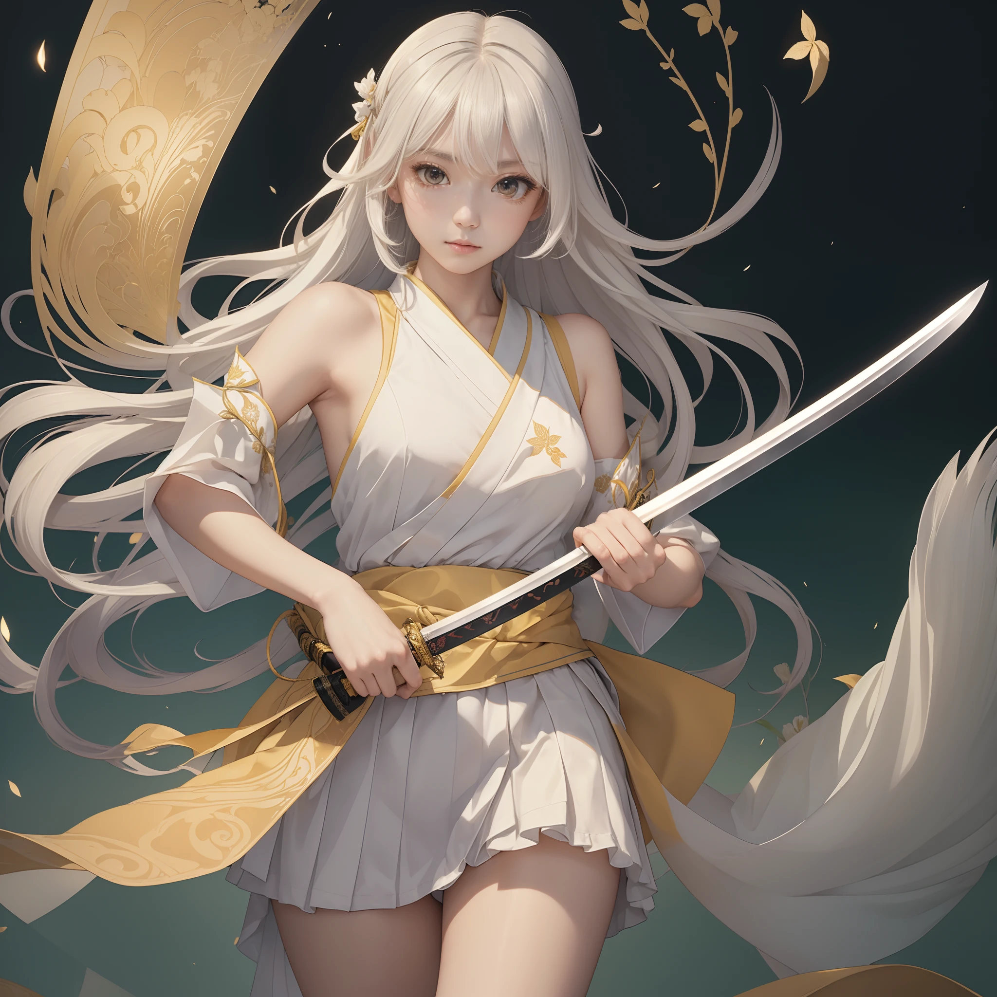 ((Best quality)), ((Masterpiece)), ((Ultra-detailed)), (illustration), (Detailed light), (An extremely delicate and beautiful), Dry yellow miko cloth,short skirt,White knee-length socks,((Holding a large katana in his hand)),Pull the knife,(wavy white long hair),White fluffy hair,cropped shoulders