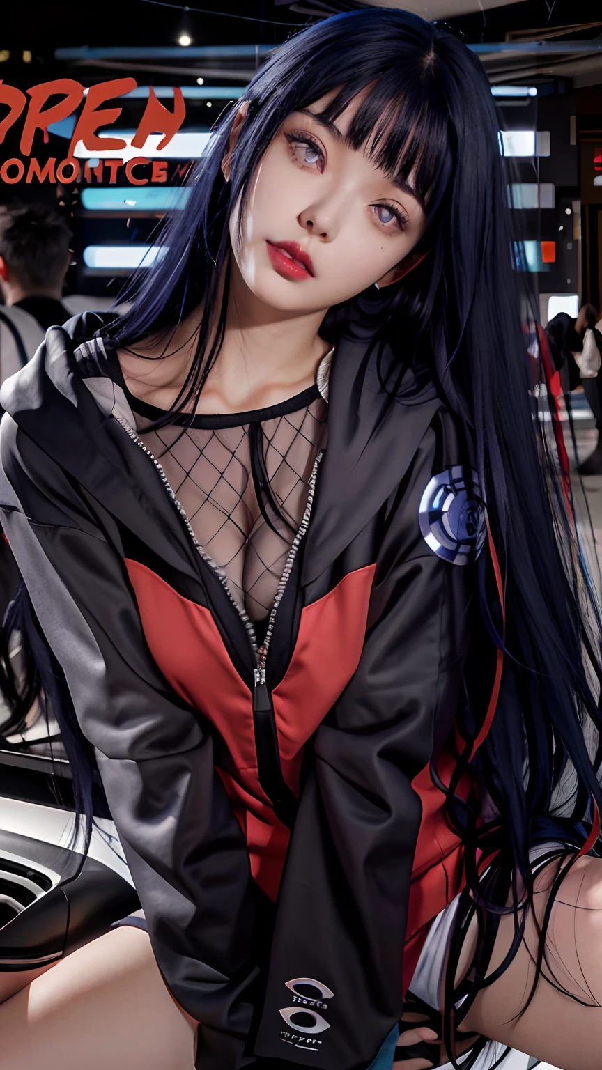 a close up of a person with long hair and a hoodie, hinata hyuga, hinata hyuga from naruto, from naruto, as an anime character, perfect anime face, she has dark blue hair with bangs, female anime character, anime character, anime best girl, hime cut hairstyle, dark blue hair, (red glossy lips:1.3), light purple eyes, big breasts, realistic, ultra detail