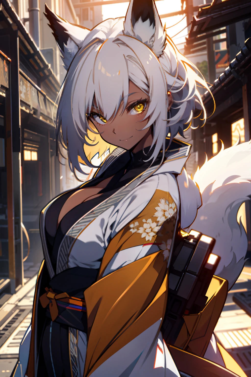 fox girl, (white hair, yellow eyes, skimpy kimono, tan skin), (best quality, masterpiece, dynamic angle, highest detailed) exposed cleavage, looking at viewer, seductive smile, glow eyes