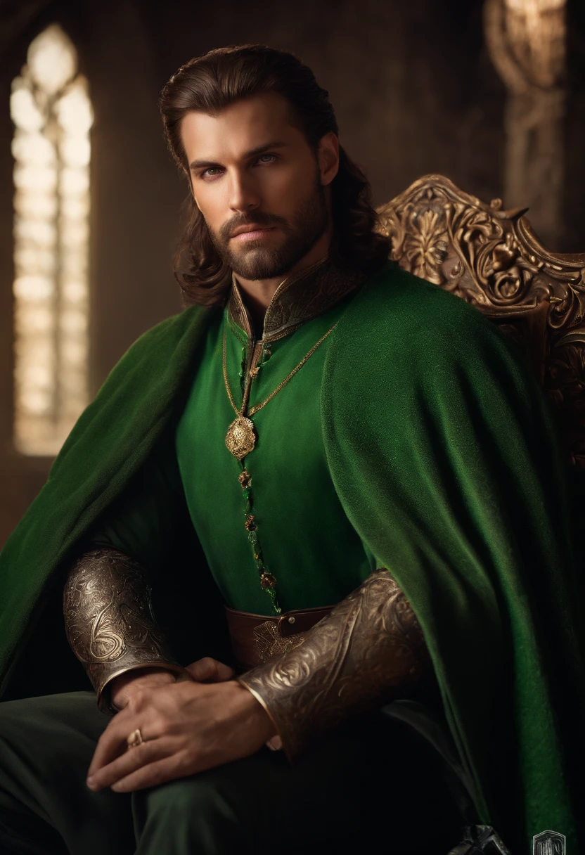 "Create an image of my 35-year-old King D&D character with green eyes, medium length brown hair. The character is sitting on a throne. Please provide a detailed and realistic illustration for our campaign.