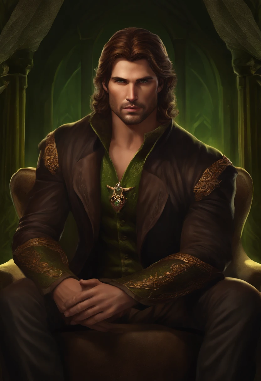 "Create an image of my 35-year-old King D&D character with green eyes, medium length brown hair. The character is sitting on a throne. Please provide a detailed and realistic illustration for our campaign.