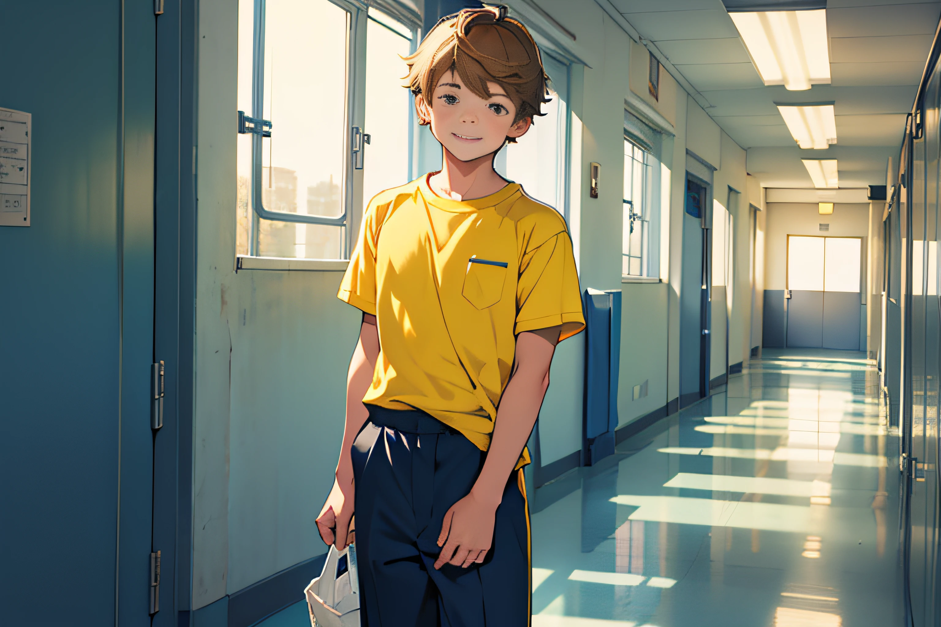 An happy, gentle and tender boy caucasian student about 8 years old in school uniform, Yellow T-shirt and blue long pants in the school hallways