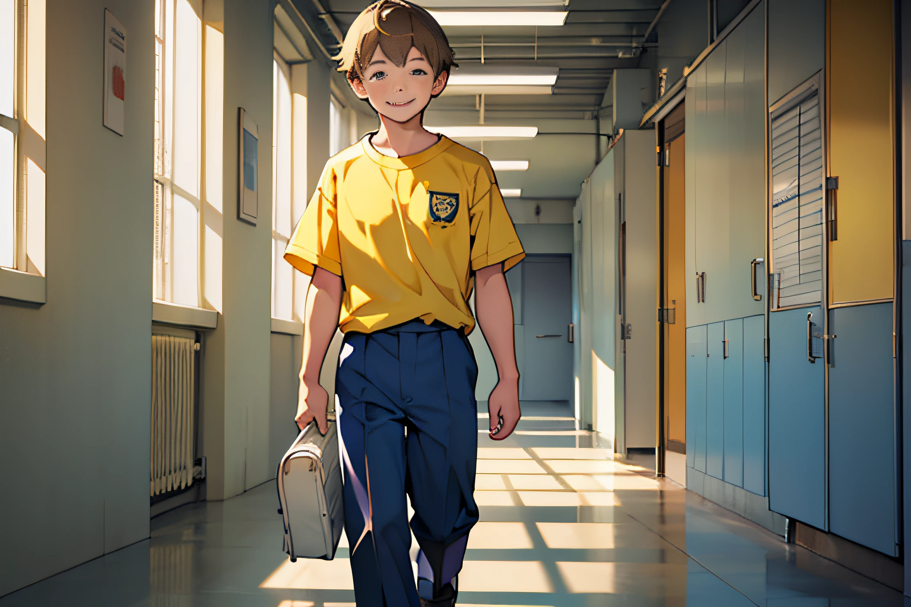 An happy, gentle and tender boy caucasian student about 8  in school uniform, Yellow T-shirt and blue long pants in the school hallways