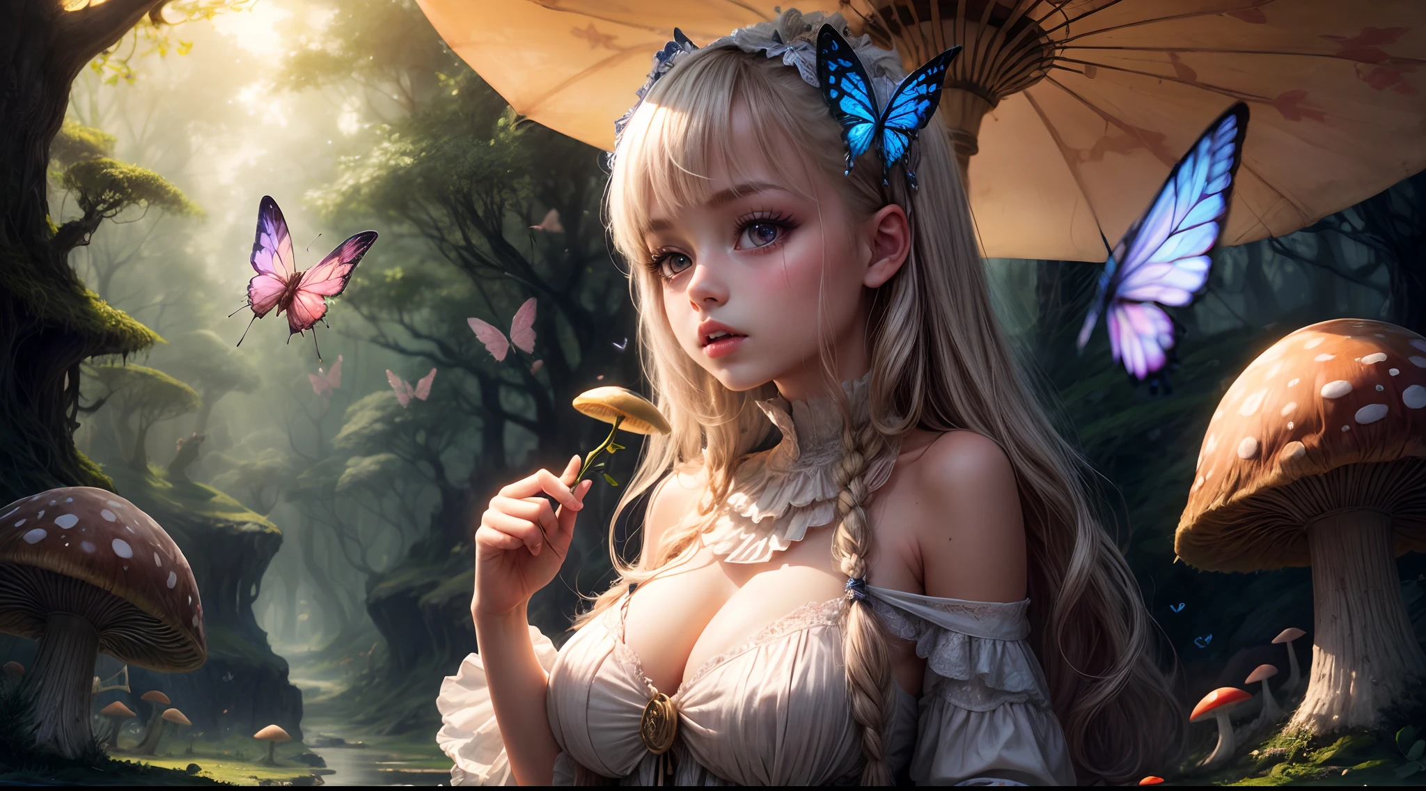 "Magical encounter, closeup young girl exploring, gigantic mushroom, ethereal butterflies, misty wonderland, enchanting details"