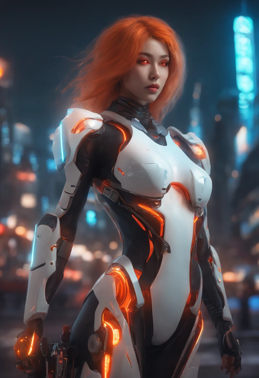 (sfw), intricate details, 1girl, night, (bright neon colors), ((flying over futuristic cyberpunk city)), detailed background, (petite cyborg girl, ((cute perfect face, bright glowing red eyes)), (perfect anatomy, petite perky breasts), (absurdly long gradient orange and white hair, hair blowing in the wind)), detailed ribbed impossible bodysuit, shoulder armor, cybernetic limbs, dynamic angle,