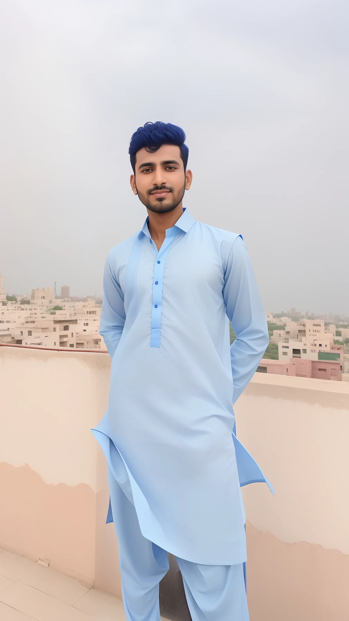 arafed man in blue shirt standing on a roof with a city in the background, very very low quality picture, kyza saleem, wearing a kurta, khyzyl saleem, very clear picture, full body picture, traditional clothes, blue colored traditional wear, around 1 9 years old, by Riza Abbasi