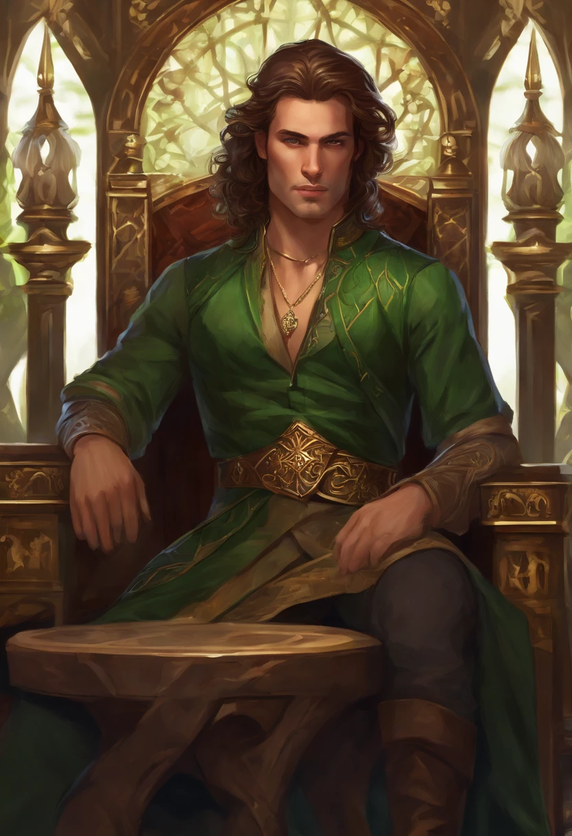 "Create an image of my 35-year-old D&D character with green eyes, medium length brown hair. The character is sitting on a throne. make him look as if hes from an anime. Please provide a detailed illustration for our campaign."