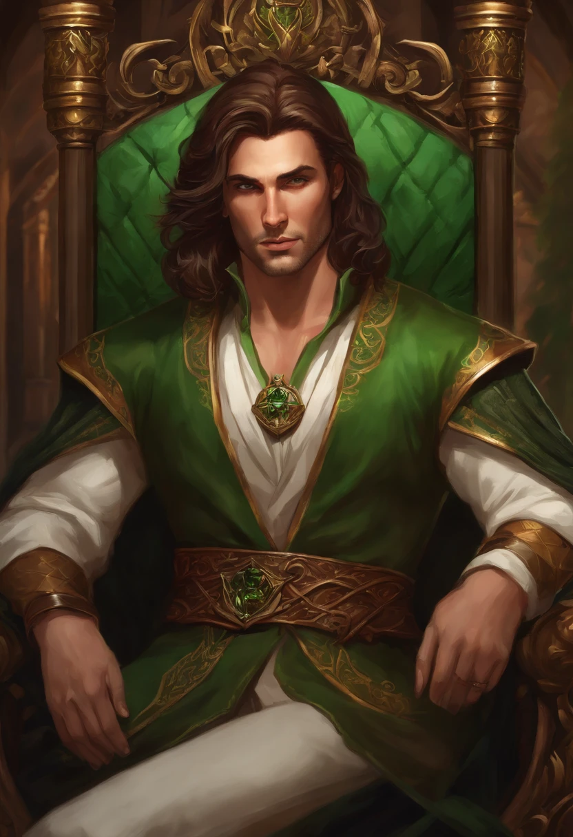 "Create an image of my 35-year-old D&D character with green eyes, medium length brown hair. The character is sitting on a throne. make him look as if hes from an anime. Please provide a detailed illustration for our campaign."