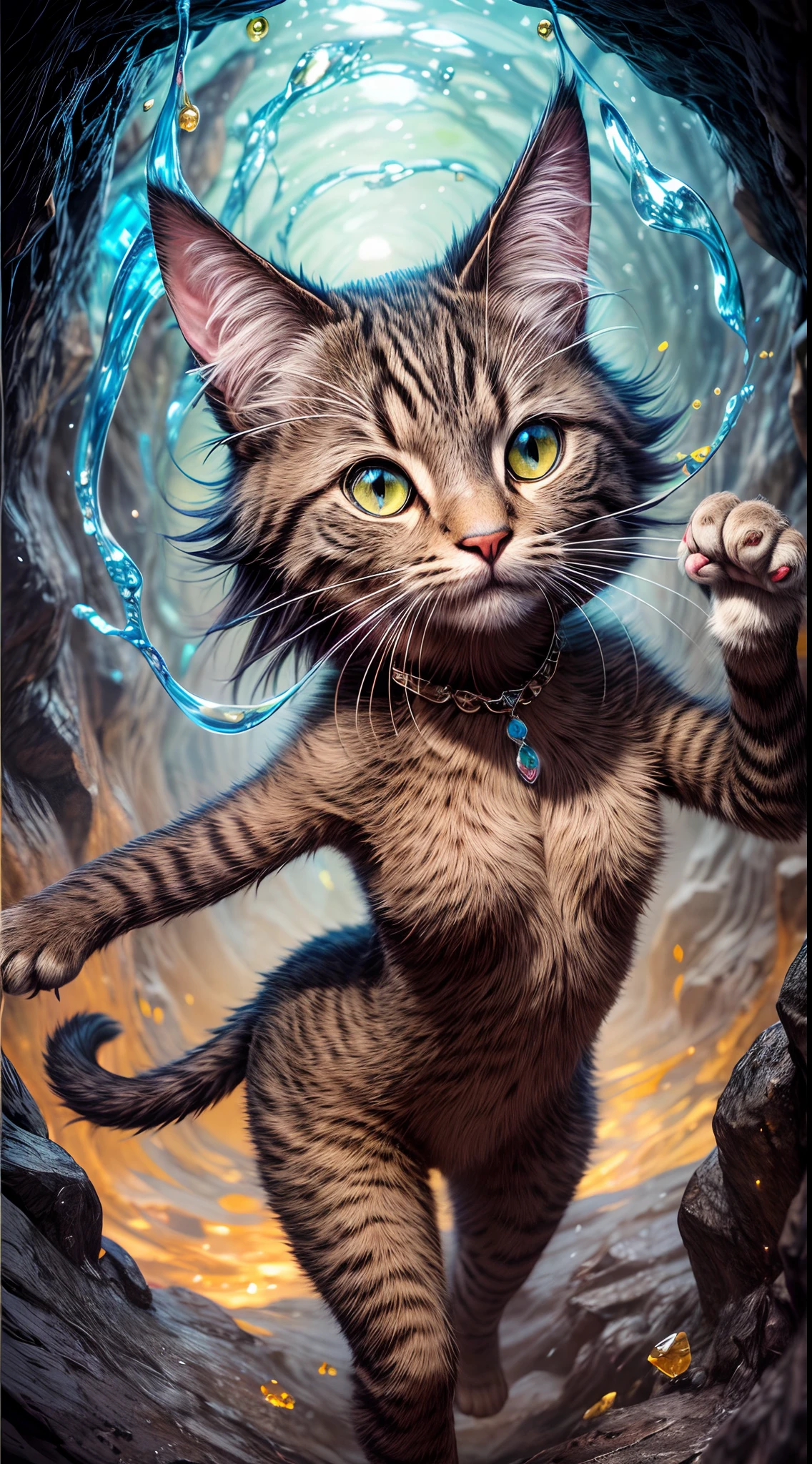 "A breathtaking, (ultra-detailed) painting of a young Cat Girl (Full Body) exploring a cave filled with radiant gemstones and liquid metal, their faces filled with awe and wonder. The colors and textures are ((highly realistic)), making it a true masterpiece."