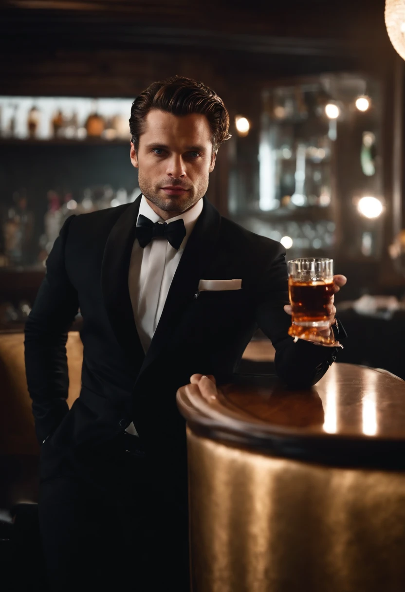 Homem elegante de terno preto bebendo whisky